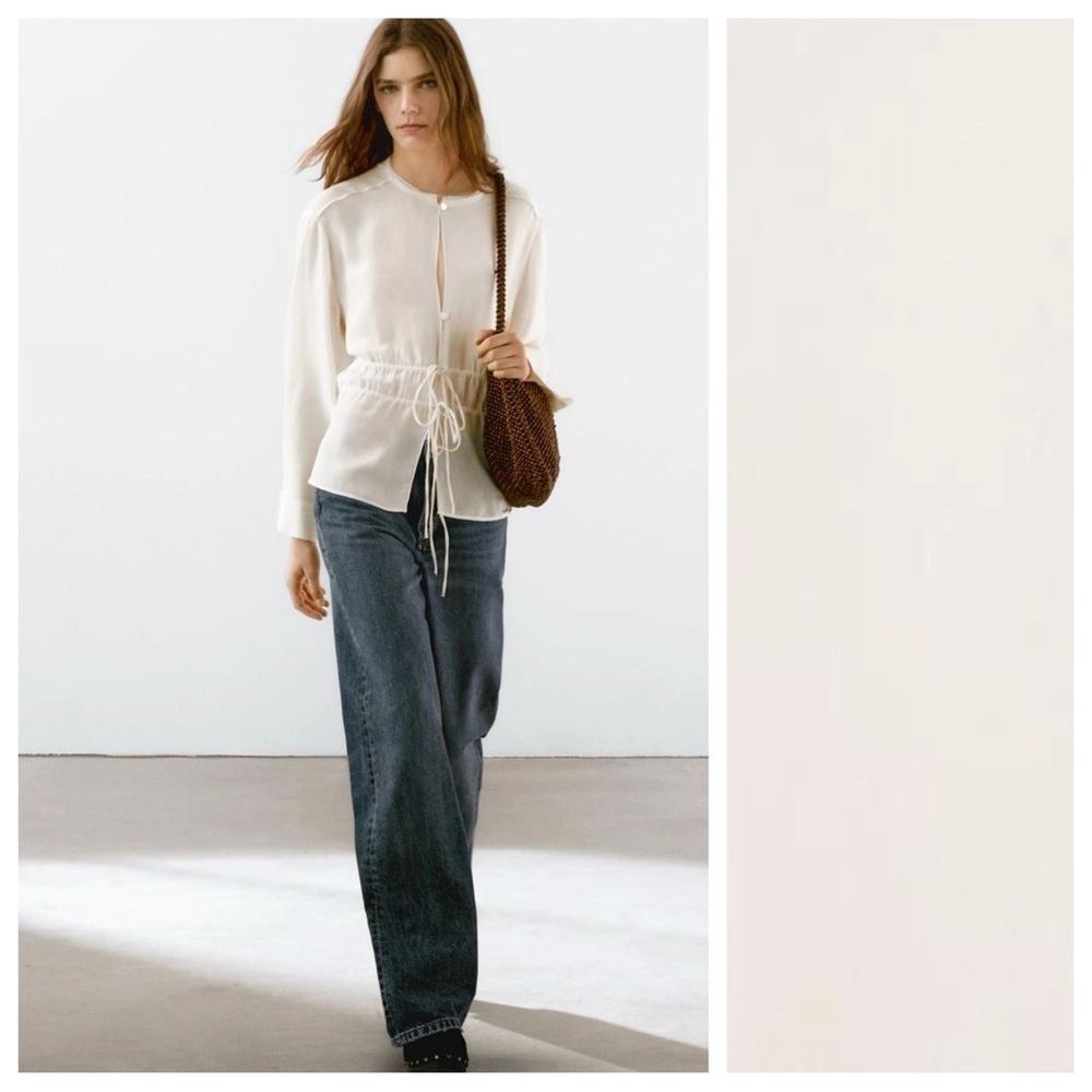 NWT. Massimo Dutti Cream Semi-Sheer Flowing Blouse with Ties. Size XS.